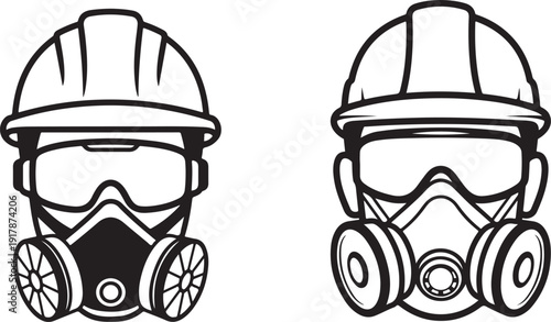 Worker helmet and gas mask icon set outline of safety equipment symbol vector graphic isolated on transparent background for protection design