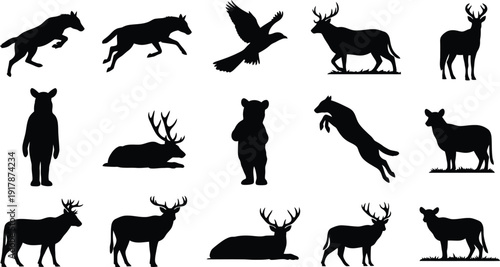 Collection of black silhouettes of various deer and wildlife animals