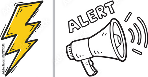 Hand-drawn vector icons featuring a vibrant yellow lightning bolt and a megaphone with "ALERT" text. A dynamic, sketchy design perfect for urgent notifications and energy-related warnings.