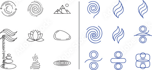 A set of minimalist line icons depicting nature and zen elements like mountains, lotus flowers, balanced stones, and swirling water, symbolizing tranquility, meditation, and flow.