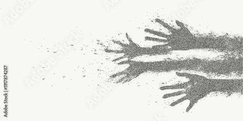 Abstract background with hands in layered halftone grain, speckled dust and faint gritty texture for a worn tactile retro grunge atmosphere.