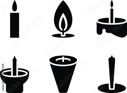 Six black silhouette icons of candles and candle holders on white collection