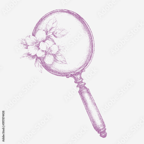 Vintage mirror on a handle with flowers around, stippled shading, paper grain texture, ornamental details, dust speckle and rough aged ink imperfections.