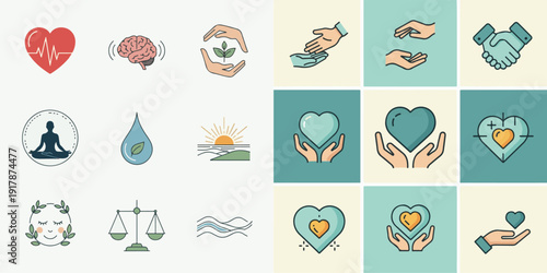A collection of thin-line vector icons representing wellness, mental health, and compassion, featuring symbols like hearts, brains, meditation, nature, and supportive hands.
