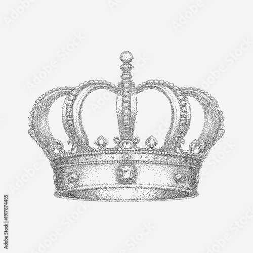 Crown illustration with grainy surface and gritty stipple texture. Speckle dust and threshold imperfections accentuate decorative shapes and textured edges.