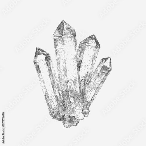 Crystals graphic drawing with sharp faceted edges, stipple shadows, speckled texture, dust grain, rough threshold lines and vintage mineral illustration feel.