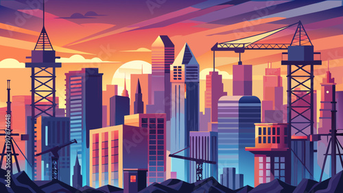 Very beautiful dramatic view of skyscrapers under construction with cranes silhouetted against a vibrant sunset sky, symbolizing ambition, economic growth, and the future of metropolitan skylines