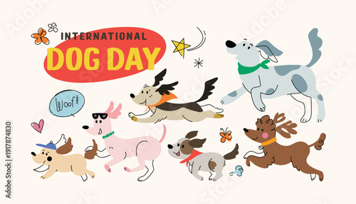 Happy International dog day background. Hand-drawn doodle vector illustration.