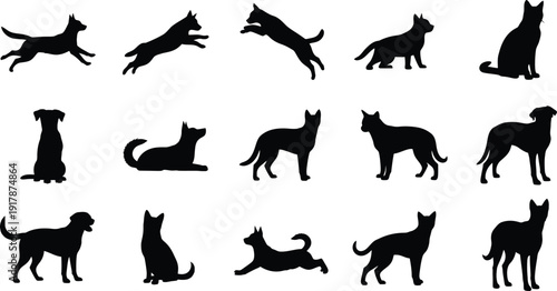 Collection of various dog silhouettes in different poses