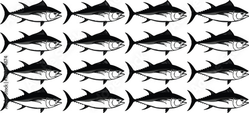 Black tuna fish silhouette icons set, oceanic seafood swimming poses, predatory salt water fish symbols for restaurant menu logo design,