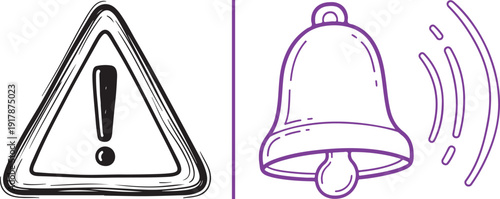 Hand-drawn style vector featuring a bold warning triangle with an exclamation mark and a ringing notification bell. A minimalist, sketch-like design conveying alerts and important messages.