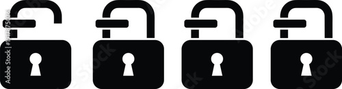 Black vector unlocked padlock icon set, security open lock silhouettes, privacy access symbols, digital safety elements, isolated on white background,