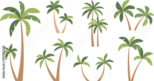 Collection of tropical palm tree illustrations, flat cartoon coconut trees set, exotic island summer design elements isolated background