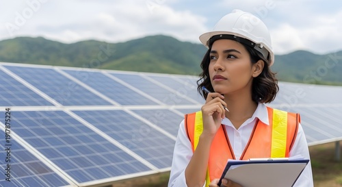 Engineer in safety gear oversees solar panels in a renewable energy facility