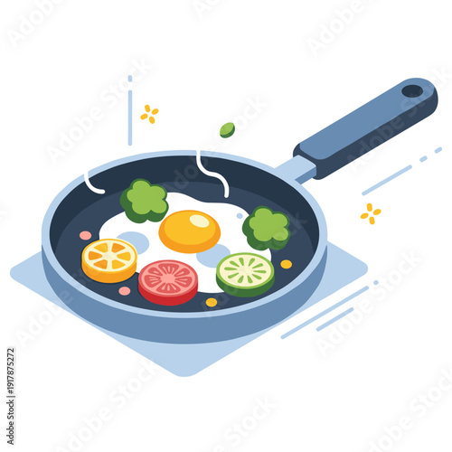 Colorful frying pan with egg and vegetables in isometric art style