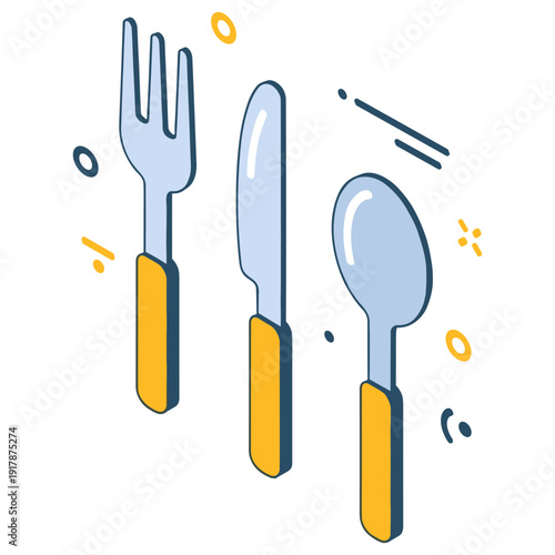 Illustrated flatware set with fork, knife, and spoon