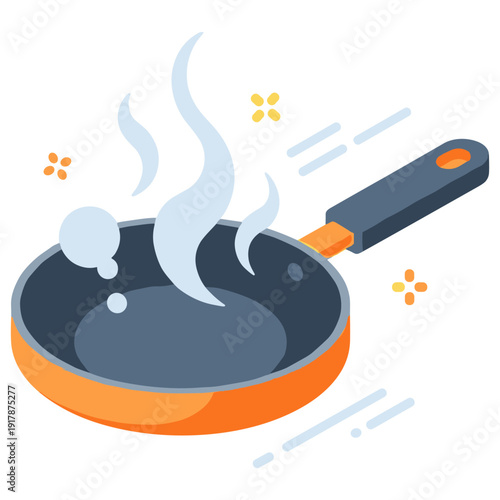 Hot frying pan with rising steam on white background