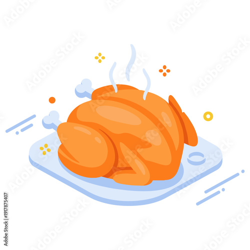 Illustration of a hot roasted chicken on a platter