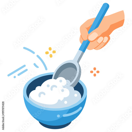 Hand stirring a blue bowl of rice porridge with a spoon