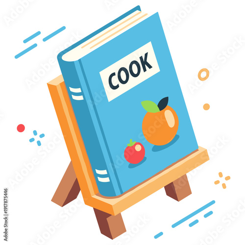 Colorful cookbook on stand with fruit design and decorative elements