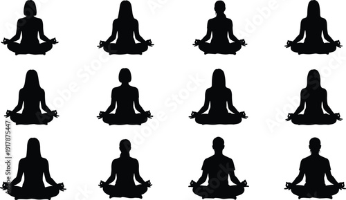 Black yoga meditation silhouette icons set, woman sitting in lotus pose, wellness and mindfulness symbols for health spa logo design,