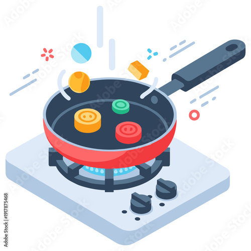 Colorful cooking: playful ingredients floating in frying pan on gas stove