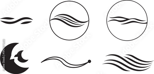 Minimalist logo element set: Collection of circular emblems and flowing line motifs for brand identity