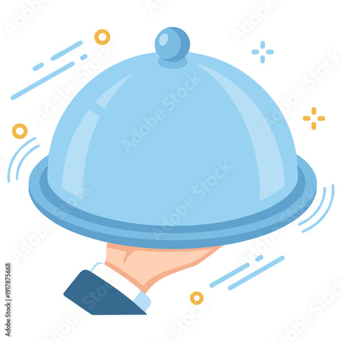 Hand holding blue cloche dome serving platter in motion
