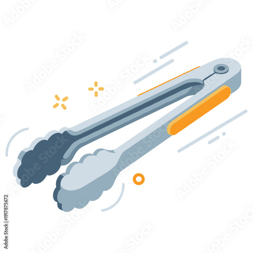 Cartoon style metal kitchen tongs with orange grip on white background
