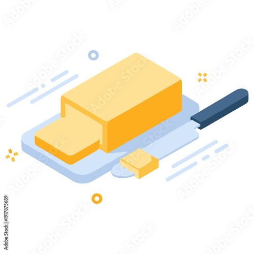 Butter block and knife on cutting board with sliced piece
