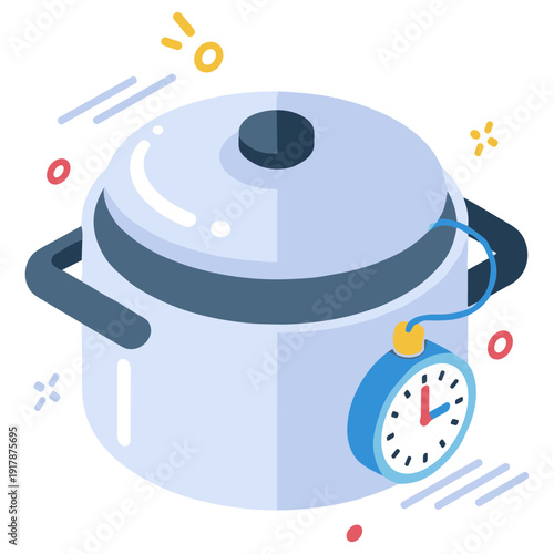 Cartoon pressure cooker with timer icon on white background