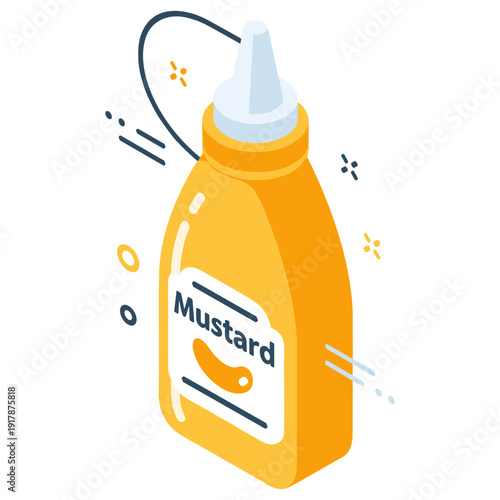 Isometric illustration of mustard bottle with label and splash elements