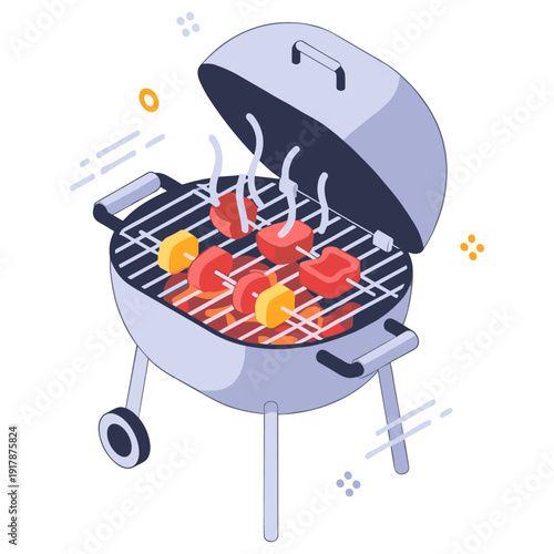 Isometric charcoal grill with skewers and vegetables