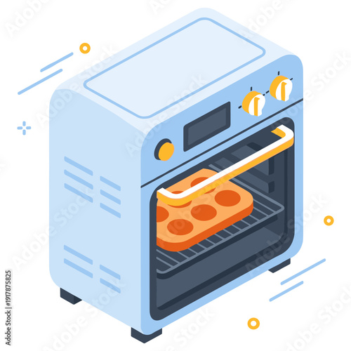Isometric blue oven with baking cupcakes in tray