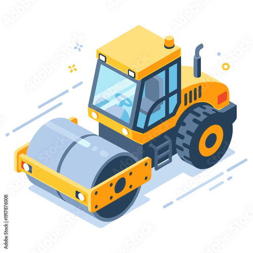 Isometric construction yellow asphalt roller with large front wheel on white background. No editable stroke