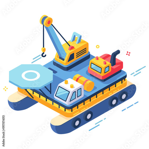 Colorful isometric toy construction vehicle with crane and treads on white background. No editable stroke