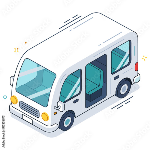 Isometric white minivan on white background with clean design elements. No editable stroke