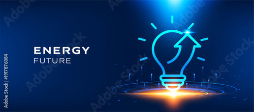 Energy future concept with glowing light bulb and upward arrow on dark blue technology background. Vector illustration for innovation business, smart power, and digital growth energy theme