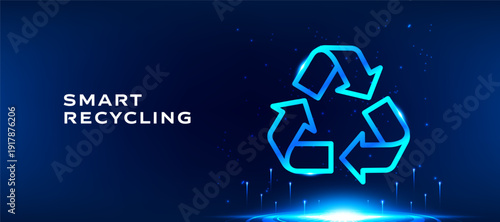 Smart recycling concept with glowing recycle symbol on dark blue technology background.
Vector illustration for sustainability business, eco innovation, and digital environment theme.