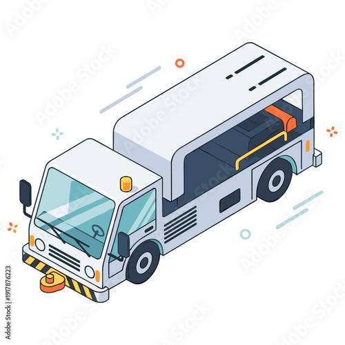 Isometric airport pushback truck illustration with plane in tow. No editable stroke