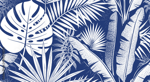 Tropical Foliage Pattern in Deep Indigo and White