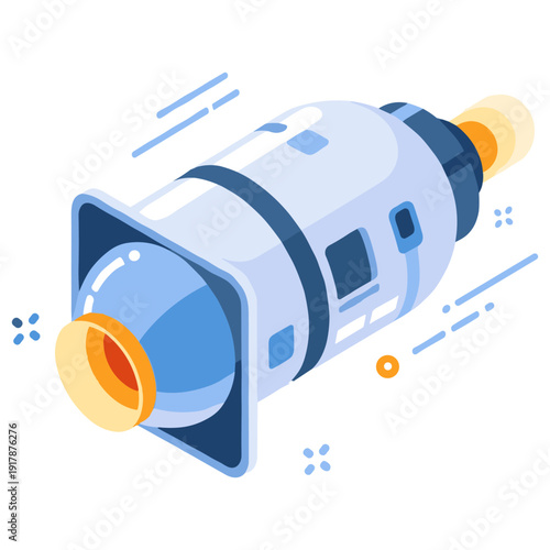 Futuristic space rocket illustration in minimalist 3d style with dynamic elements. No editable stroke