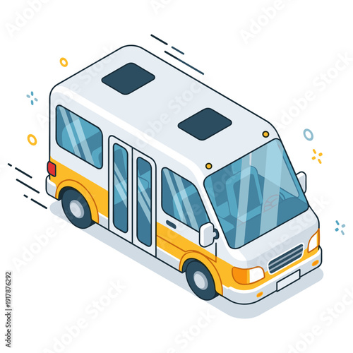 Isometric yellow and white minibus with transparent roof windows on white background. No editable stroke