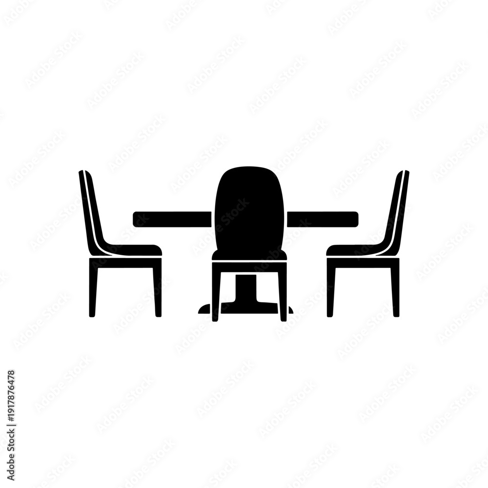 Obraz premium Minimalist dining setup with three chairs and a table in stark silhouette