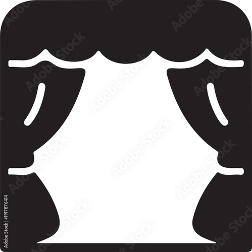 Theater Stage Curtains Silhouette Icon, Black silhouette of classic theater stage curtains opened to reveal a performance space, symbolizing drama, entertainment, and live shows.