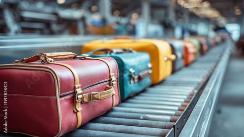 Travel bag on conveyor belt at airport luggage handling, showing suitcase in a row with baggage processing and transit context.