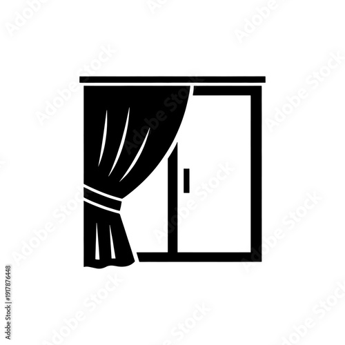 A simple black icon depicts a window with curtains a minimalistic silhouette