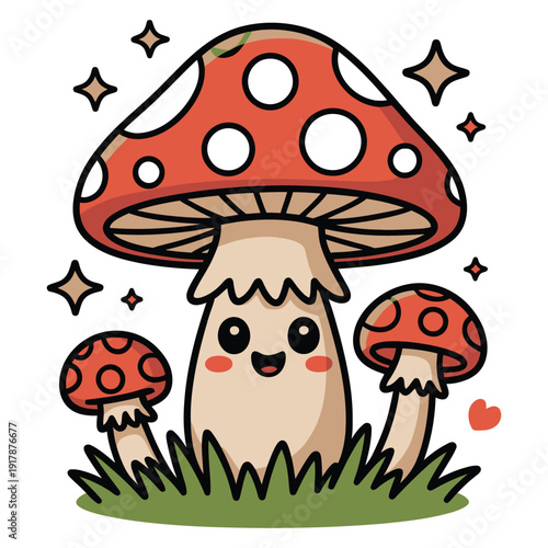 Cute red mushroom character smiling in grass with sparkles, kawaii amanita vector illustration