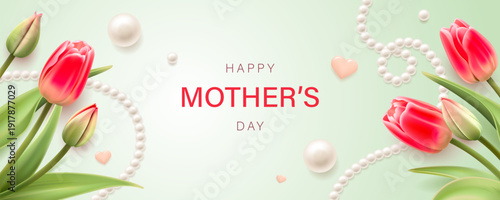 Text and a bouquet of flowers isolated on a light background. Pink Tulips. Banner for Mother's Day.
