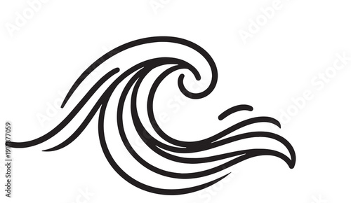 Minimalist ocean wave line art: Simple black outline of a cresting sea wave with spiral detail